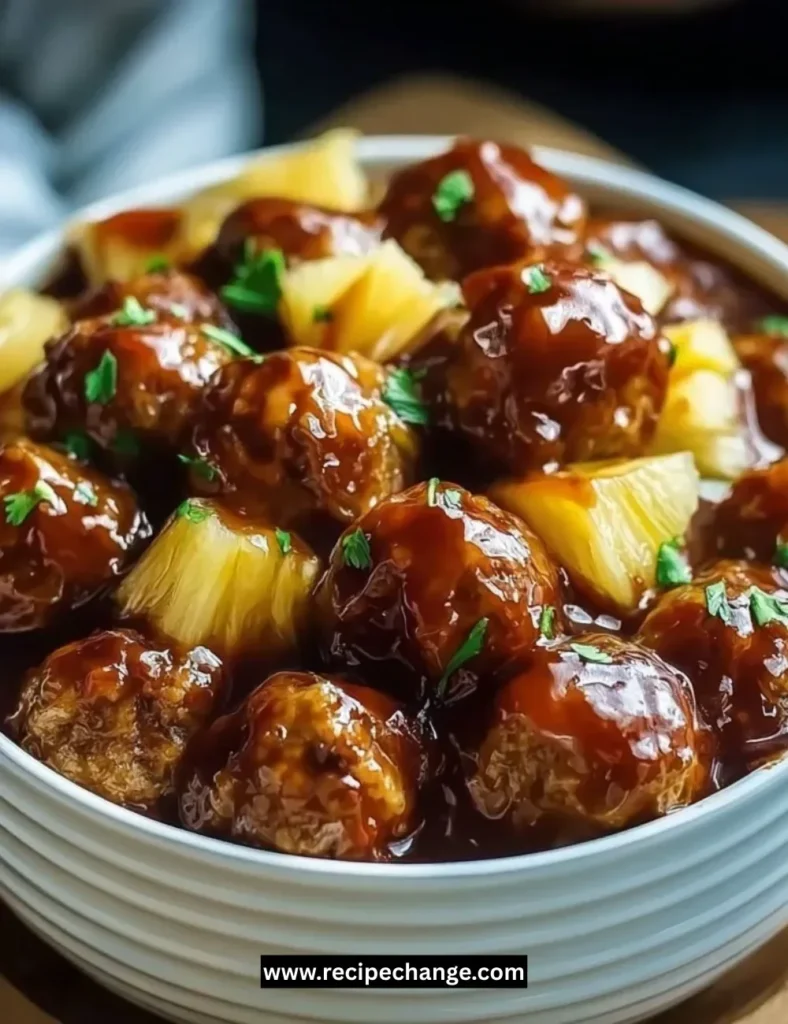 Delicious slow cooker pineapple barbecue meatballs served in a bowl
