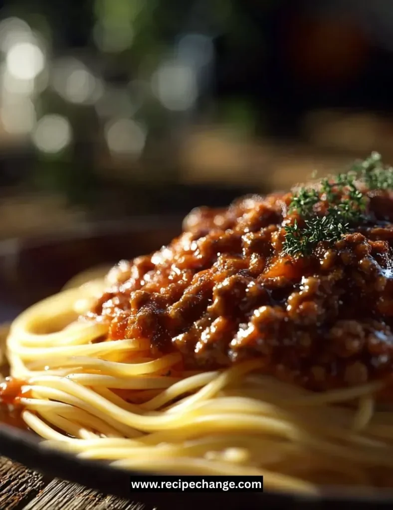 Homemade spaghetti meat sauce served over pasta in a plate