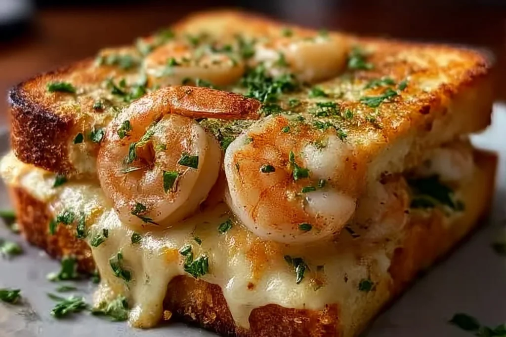 Cheesy garlic bread shrimp grilled cheese sandwich with melted cheese and savory shrimp.