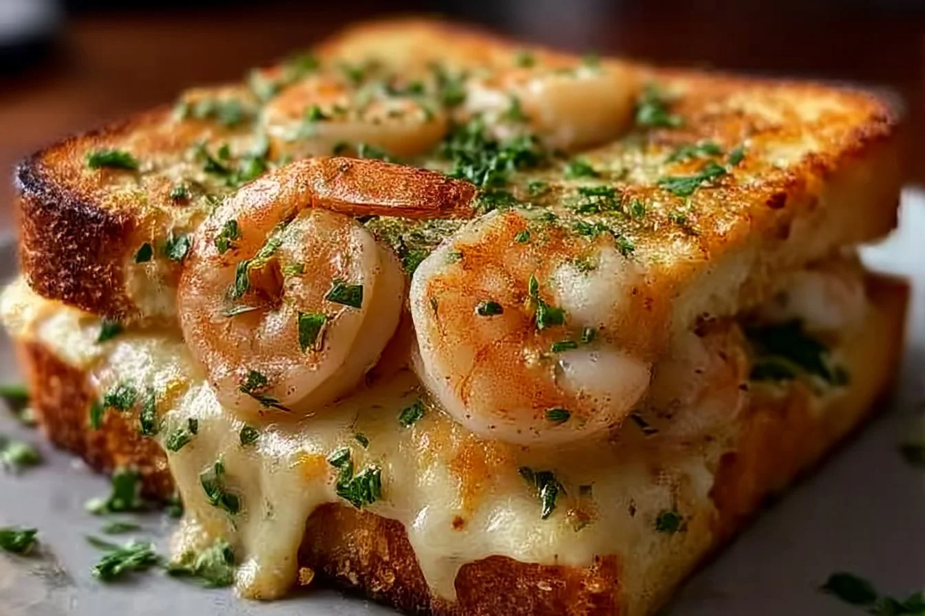 Cheesy garlic bread shrimp grilled cheese sandwich with melted cheese and savory shrimp.