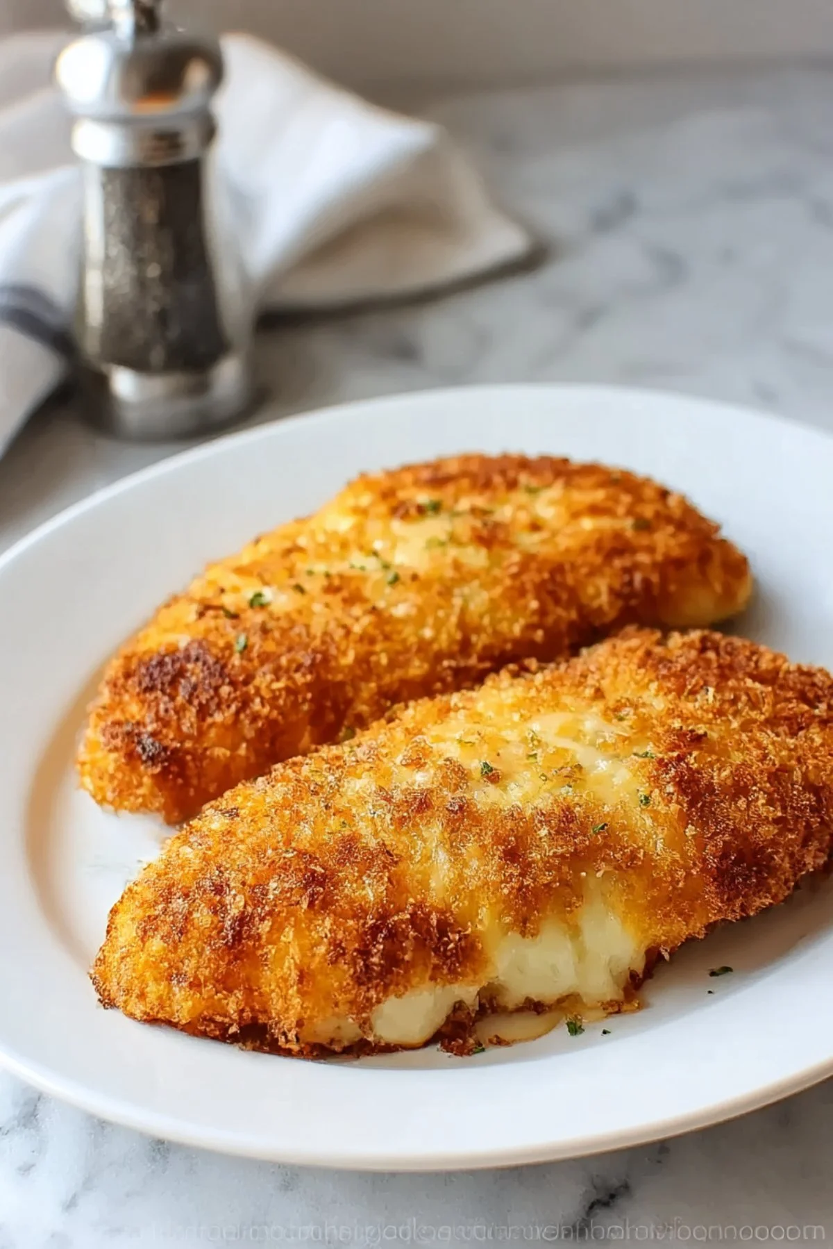 Delicious cheesy garlic zucchini steak garnished with herbs and cheese.