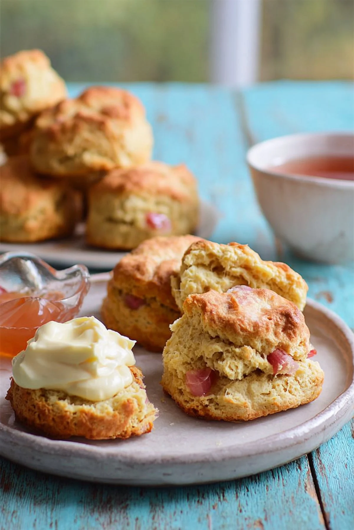 Freshly baked English muffins stacked on a plate with butter and jam.