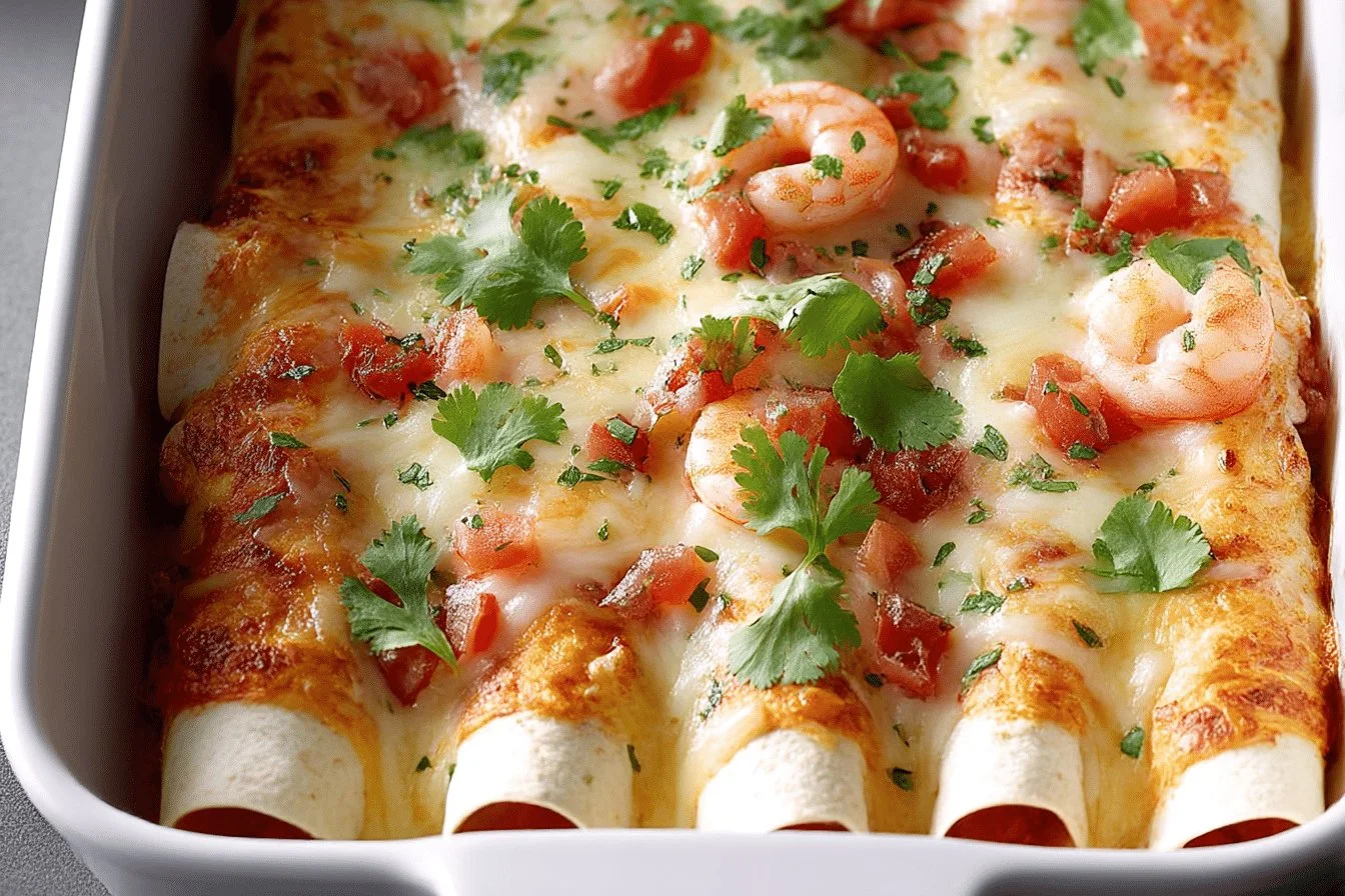 Delicious shrimp enchiladas topped with vibrant salsa and fresh herbs