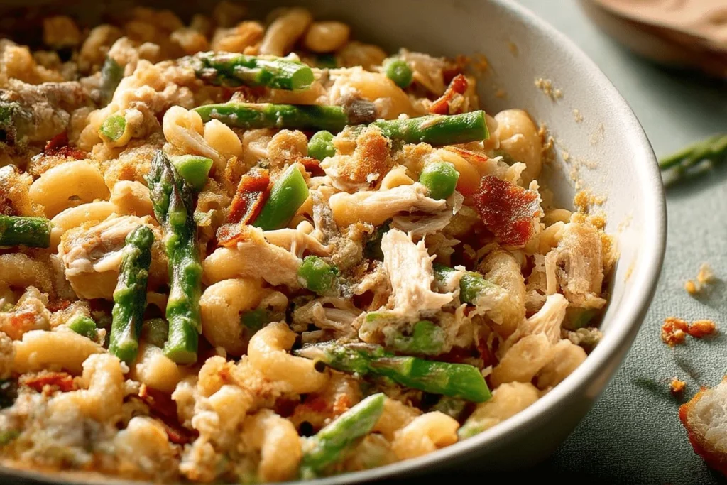 A colorful Pizza Quinoa Casserole topped with melted cheese and fresh veggies.