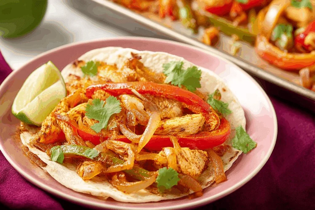 Plate of flavorful shrimp tacos topped with fresh ingredients and sauces.