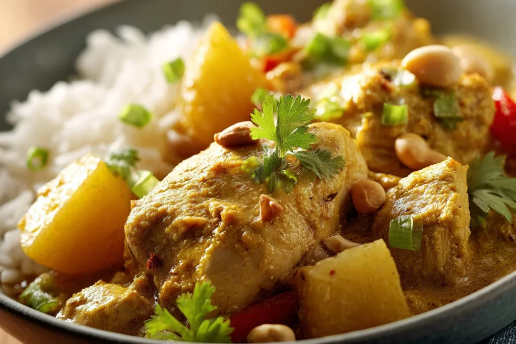 Delicious slow-cooker chicken stew with vegetables and herbs in a bowl