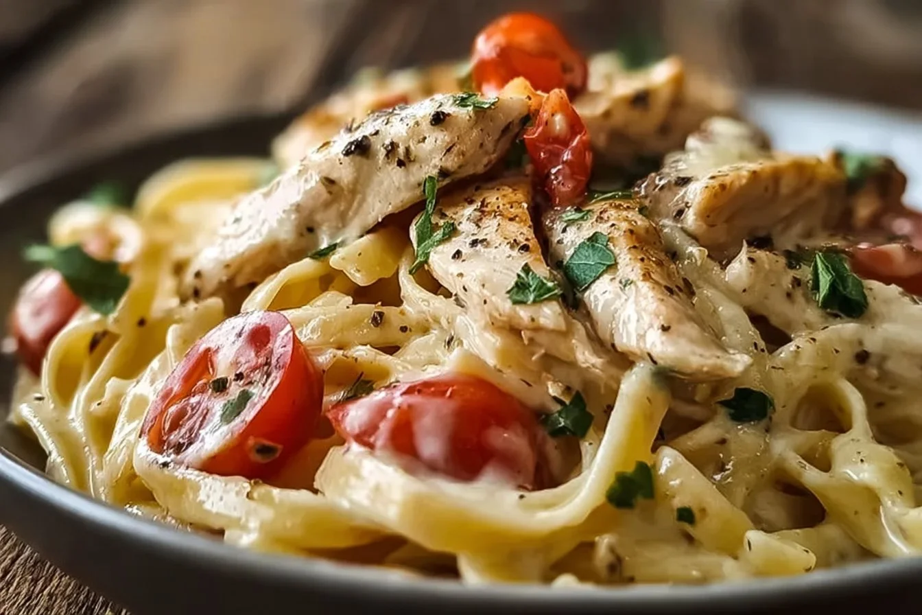 Slow Cooker Olive Garden Chicken Pasta served with herbs and parmesan cheese