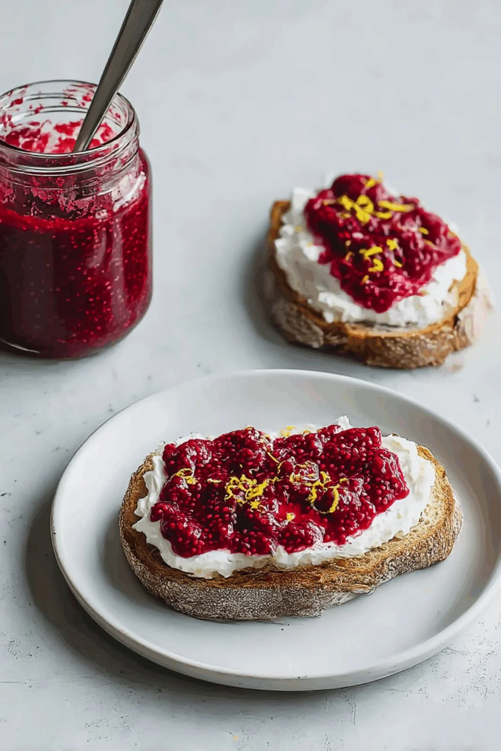 Sourdough topped with whipped cottage cheese and raspberry chia jam on a wooden board.