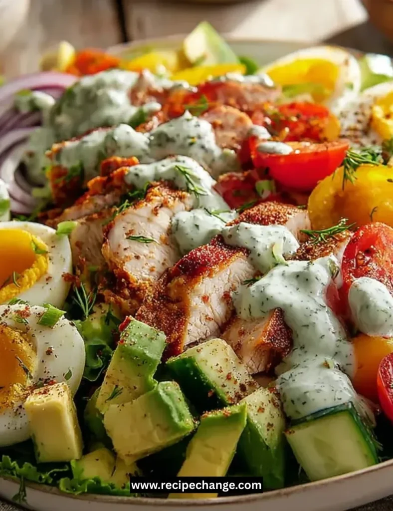 Summer Cobb Salad topped with Double Dill Ranch dressing and fresh ingredients