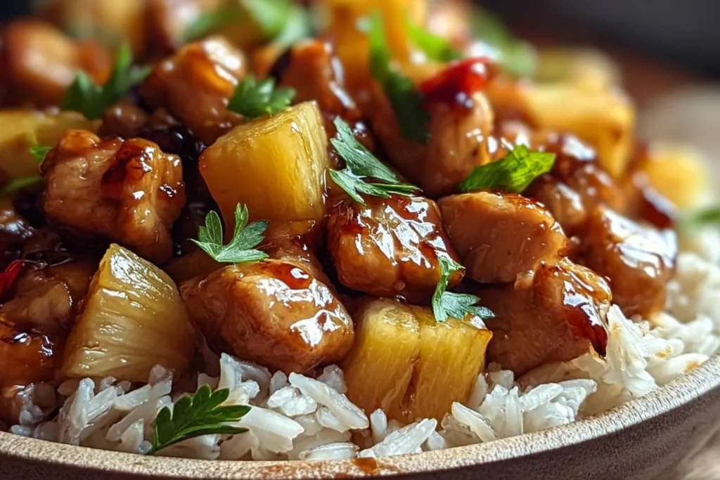 Teriyaki Pineapple Chicken and Rice Stuffed Peppers served on a plate