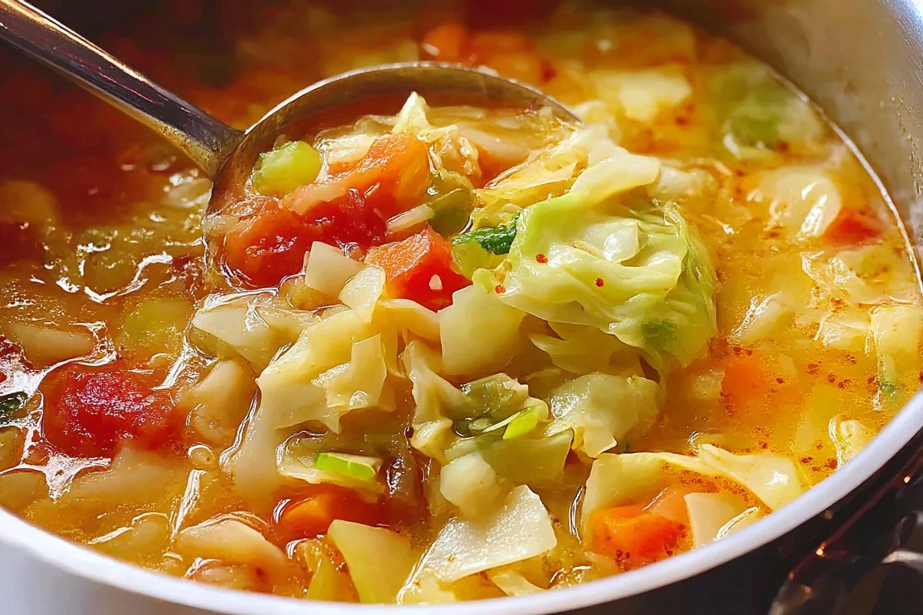 Bowl of hearty vegetable soup with cabbage and colorful vegetables.