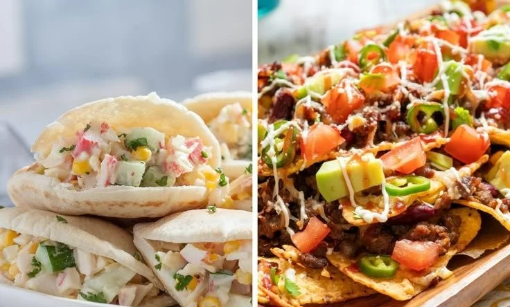 Spread of 21 no-cook dinner recipes featuring fresh ingredients and vibrant colors