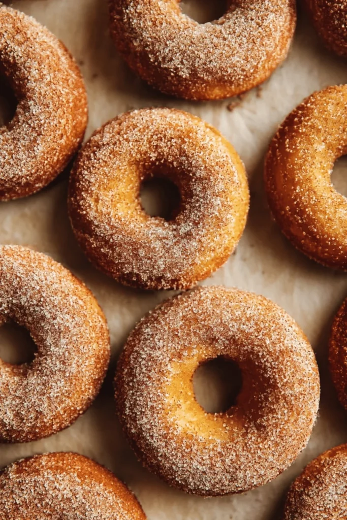 Delicious baked apple cider donuts with cinnamon and sugar topping