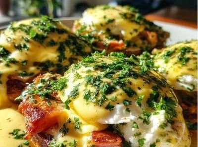 A plate of Baked Eggs Benedict garnished with parsley and served over toasted English muffins.