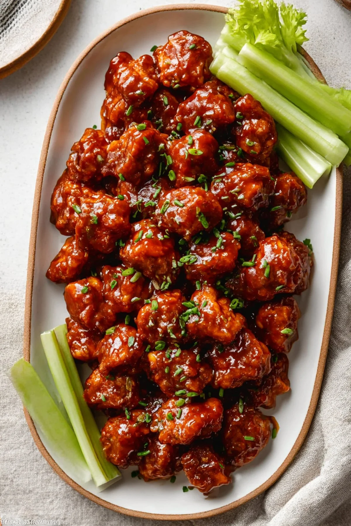 Baked honey BBQ chicken bites served on a platter with dipping sauce