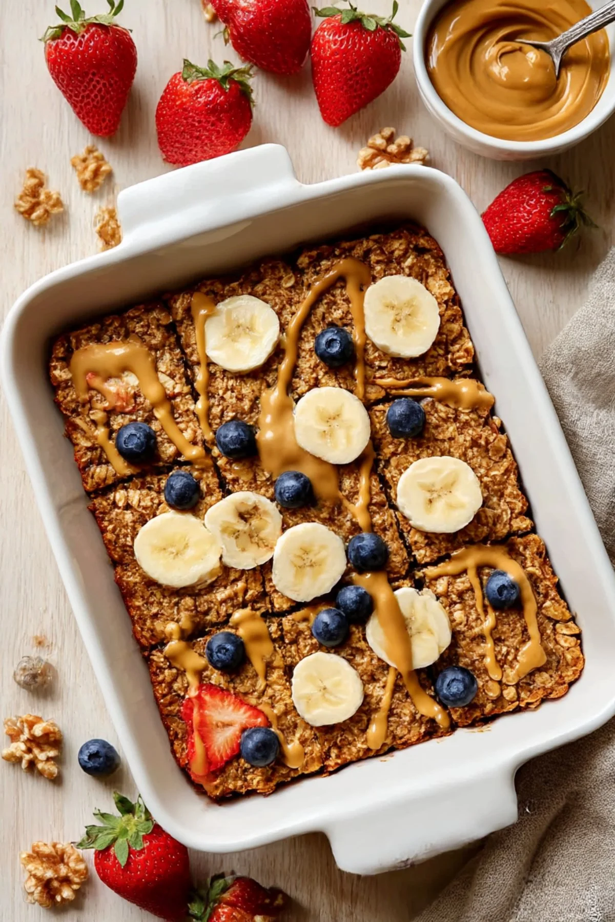 Delicious Banana Baked Oatmeal served in a bowl with banana slices on top.