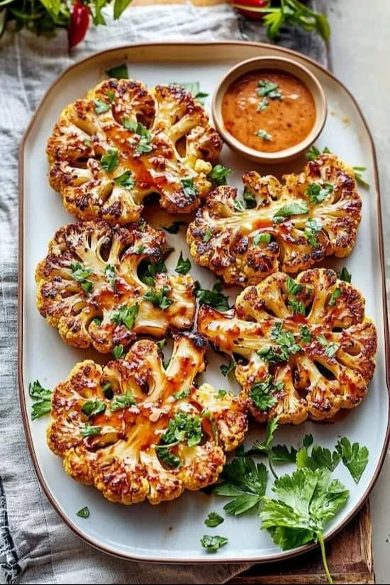 Buffalo Cauliflower Steaks ready to serve on a plate