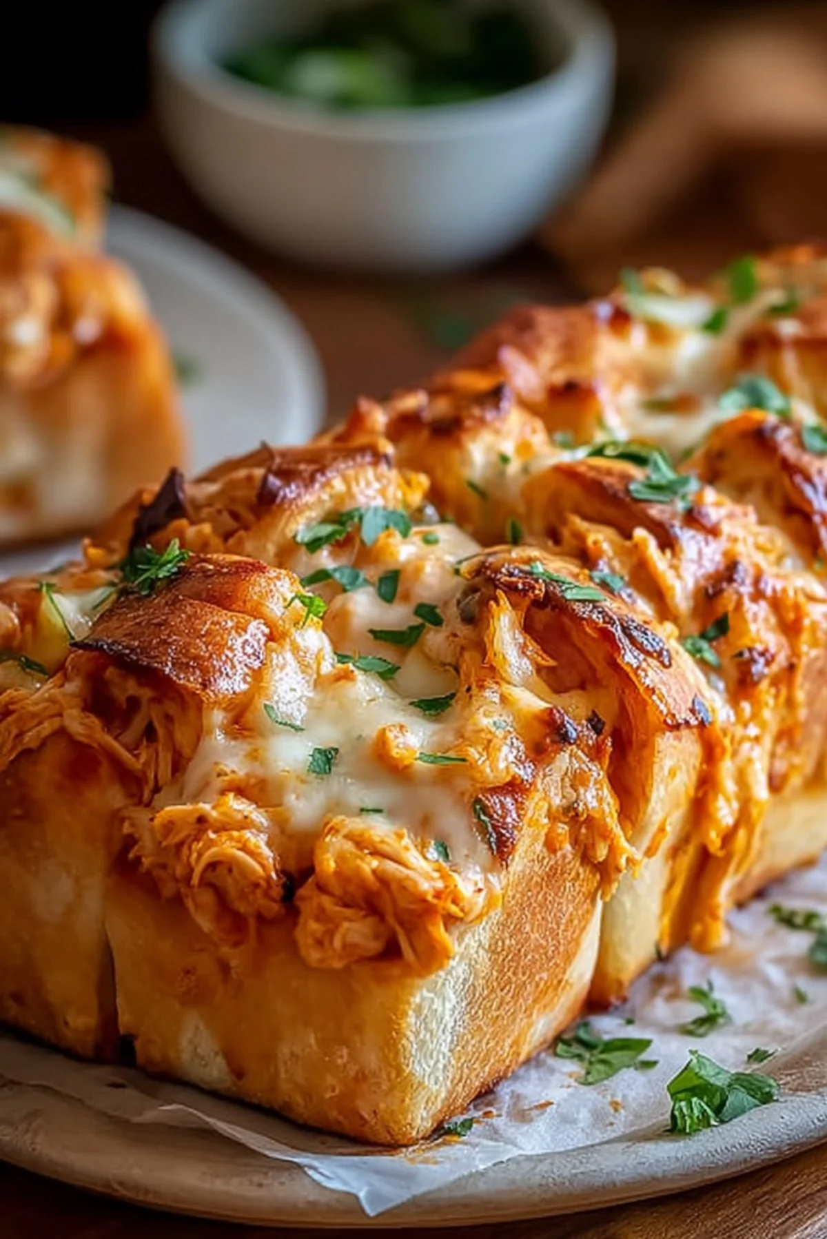 Buffalo Chicken Bread topped with cheese and garnished with green onions