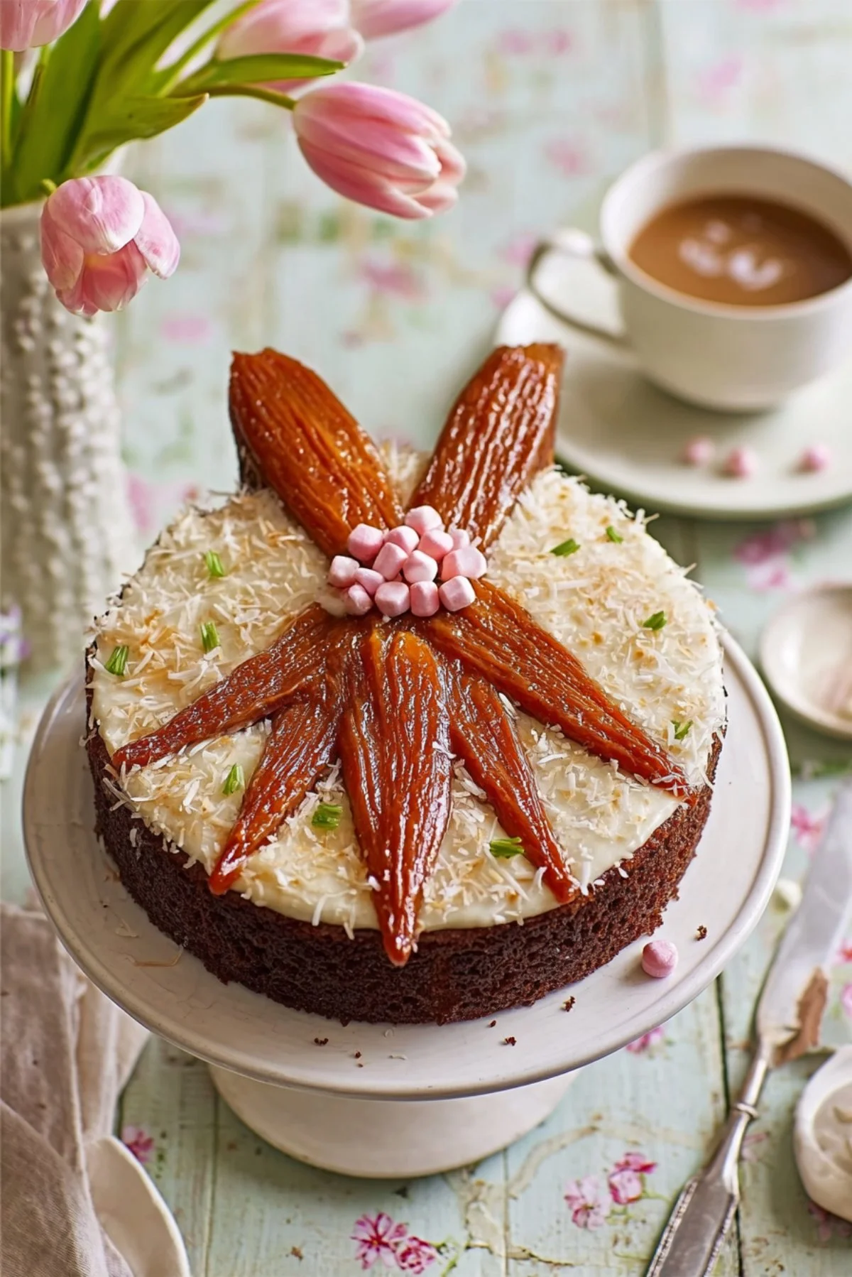 A beautifully decorated Bunny Carrot Cake with festive carrots and bunny shapes.