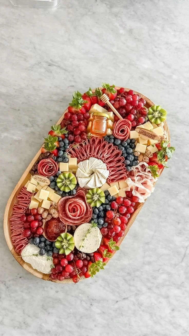 A beautifully arranged charcuterie board with meats, cheeses, and fruits.