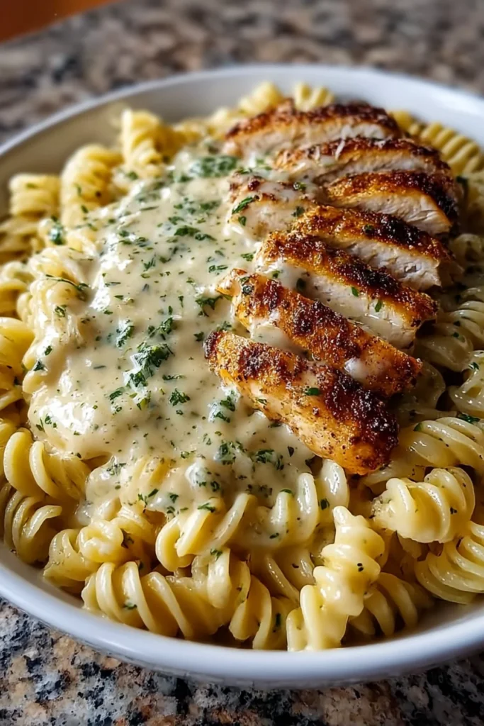Cheesy Beef Rigatoni Bake topped with melted cheese and fresh herbs