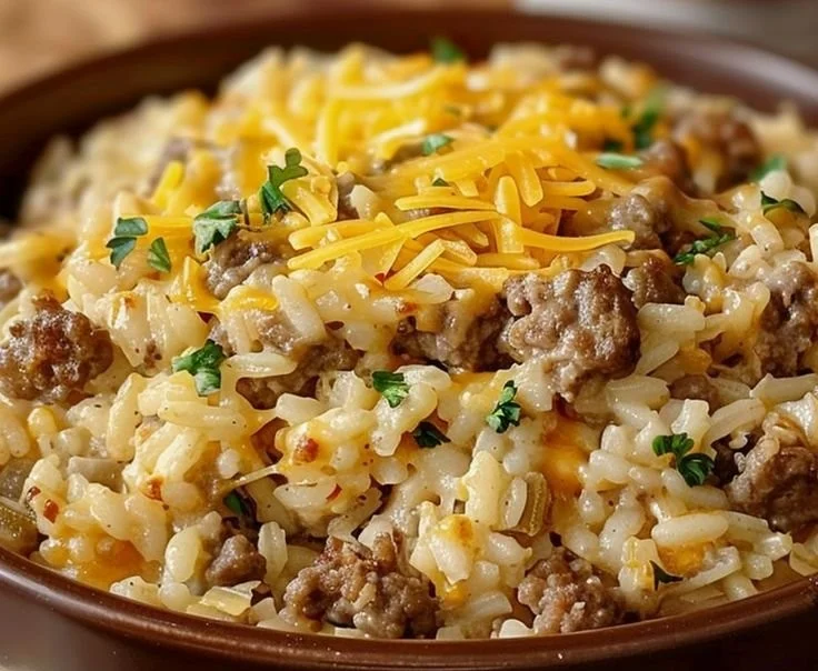 Cheesy Hamburger Rice Casserole baked in a dish, topped with melted cheese and herbs