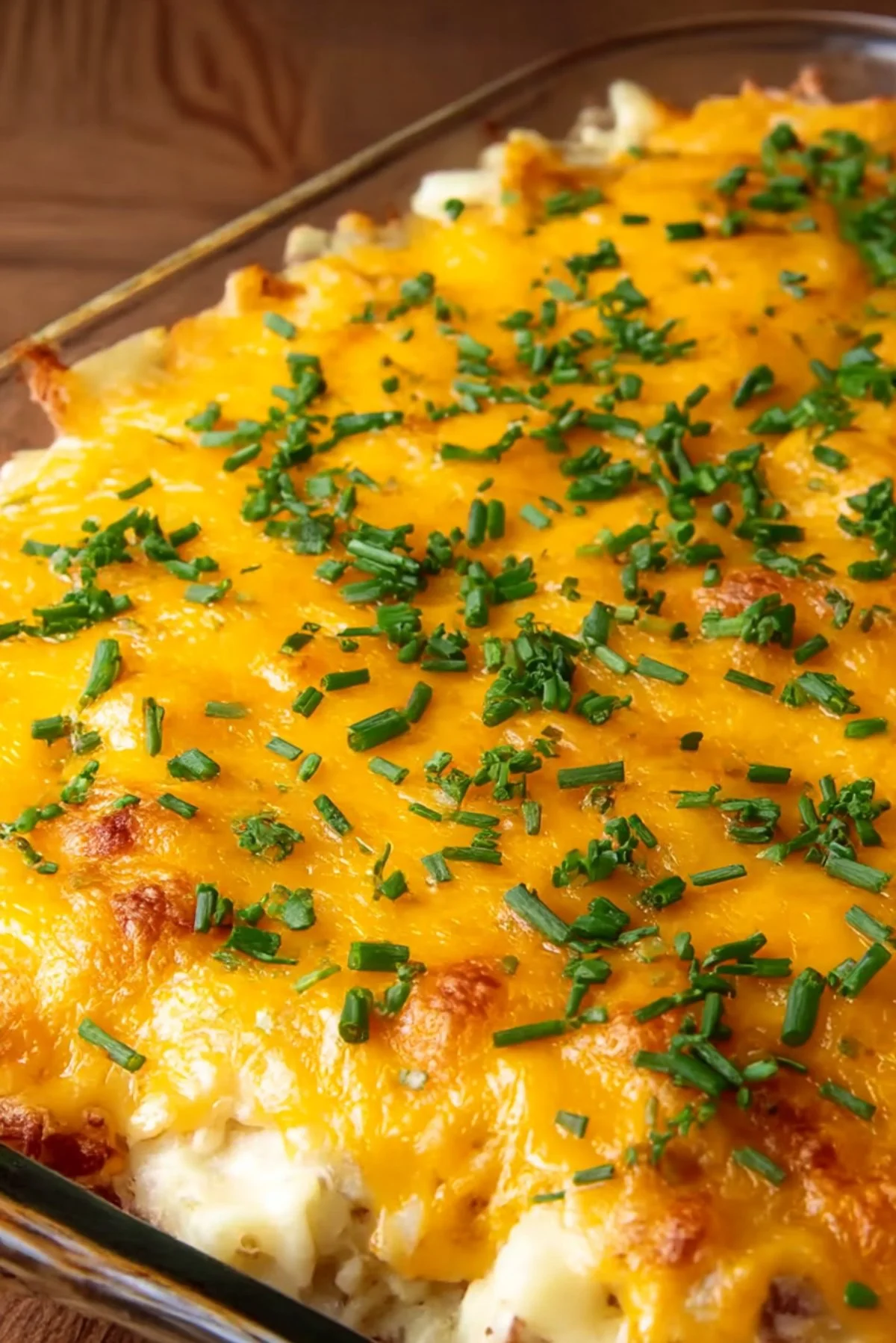 Cheesy potato casserole baked to golden perfection, served in a rustic dish