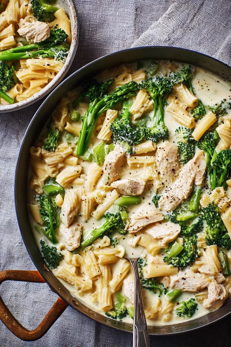 Delicious chicken broccoli pasta dish topped with parmesan cheese.