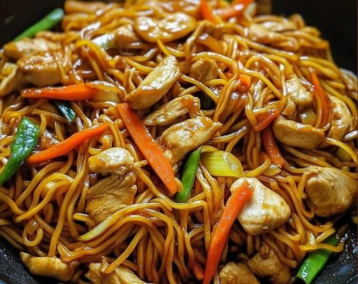 Delicious Chicken Lo Mein with colorful vegetables and savory sauce