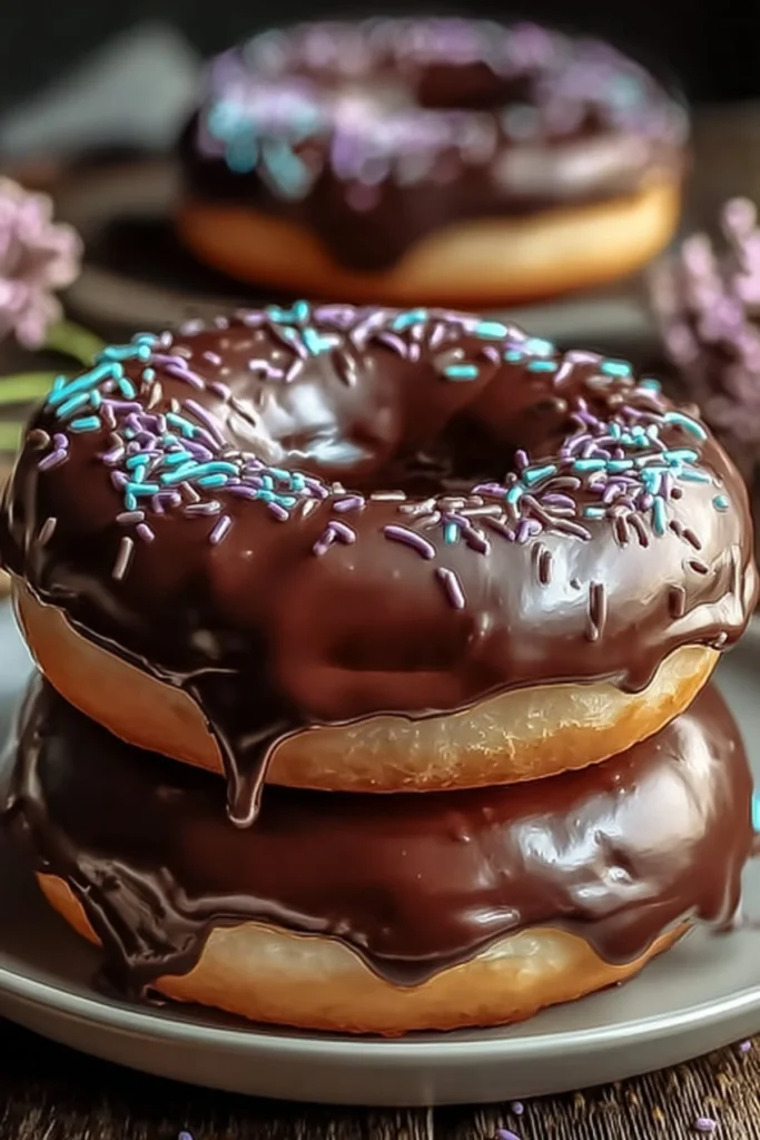 Delicious chocolate glazed doughnuts topped with rich chocolate icing