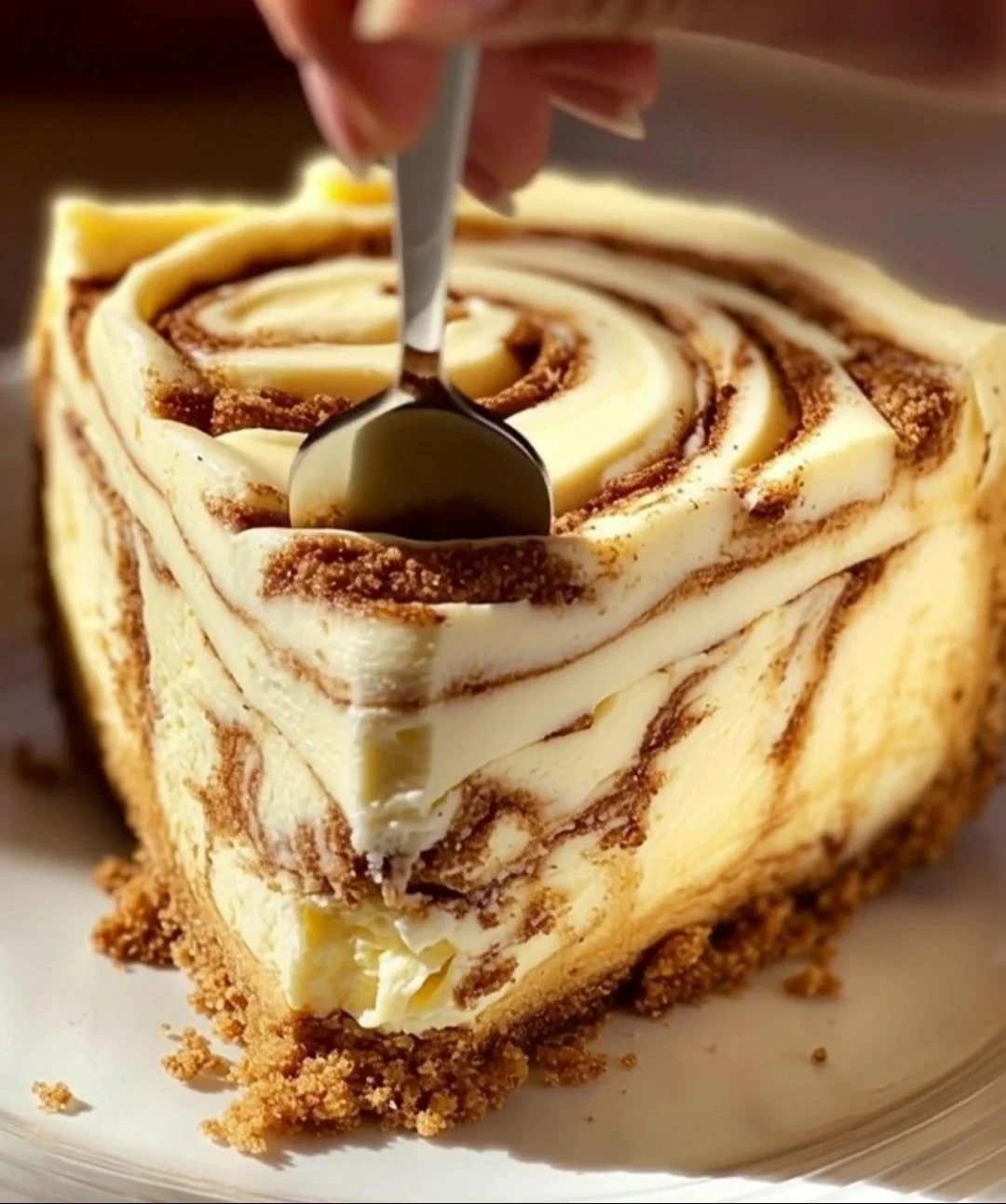 Delicious cinnamon roll cheesecake topped with cinnamon and icing