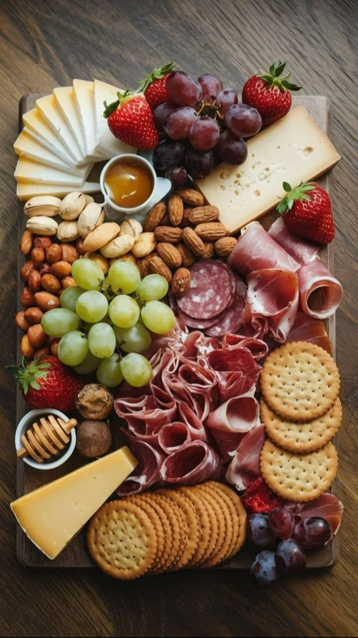 Colorful charcuterie boards for Mother's Day, featuring an array of cheeses, fruits, and spreads.