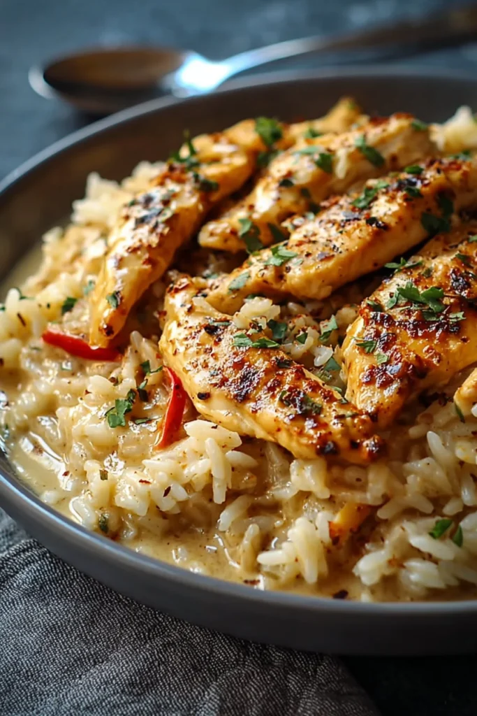 Delicious creamy Cajun chicken served over a bed of rice