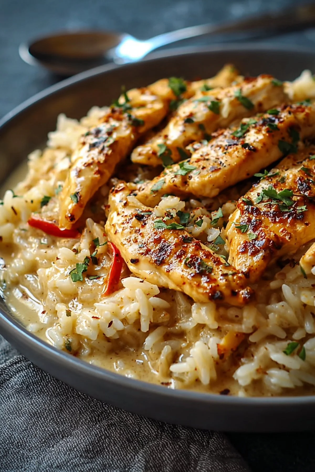 Delicious creamy Cajun chicken served over a bed of rice