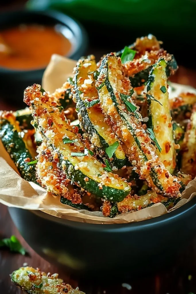 Plate of crispy zucchini fries served with dipping sauce