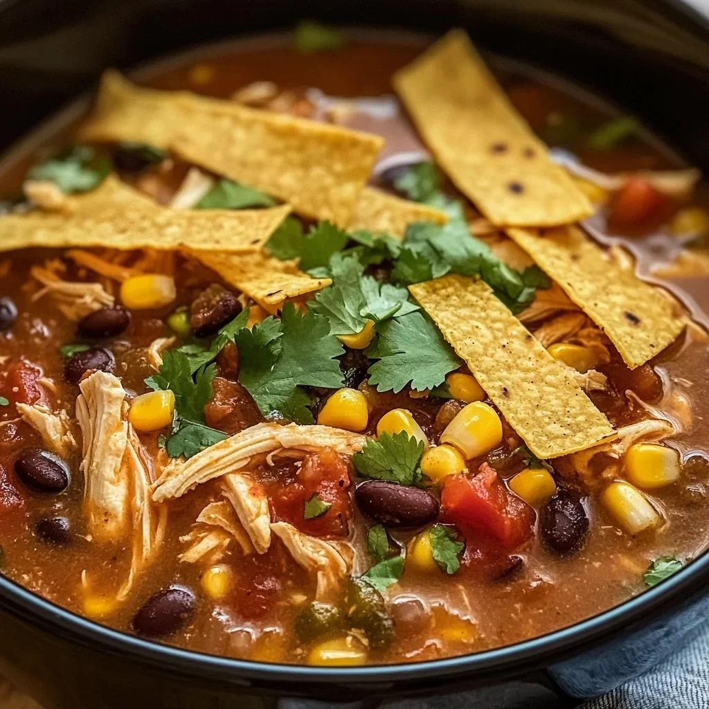 Bowl of Crockpot Chicken Tortilla Soup topped with cheese and tortilla strips