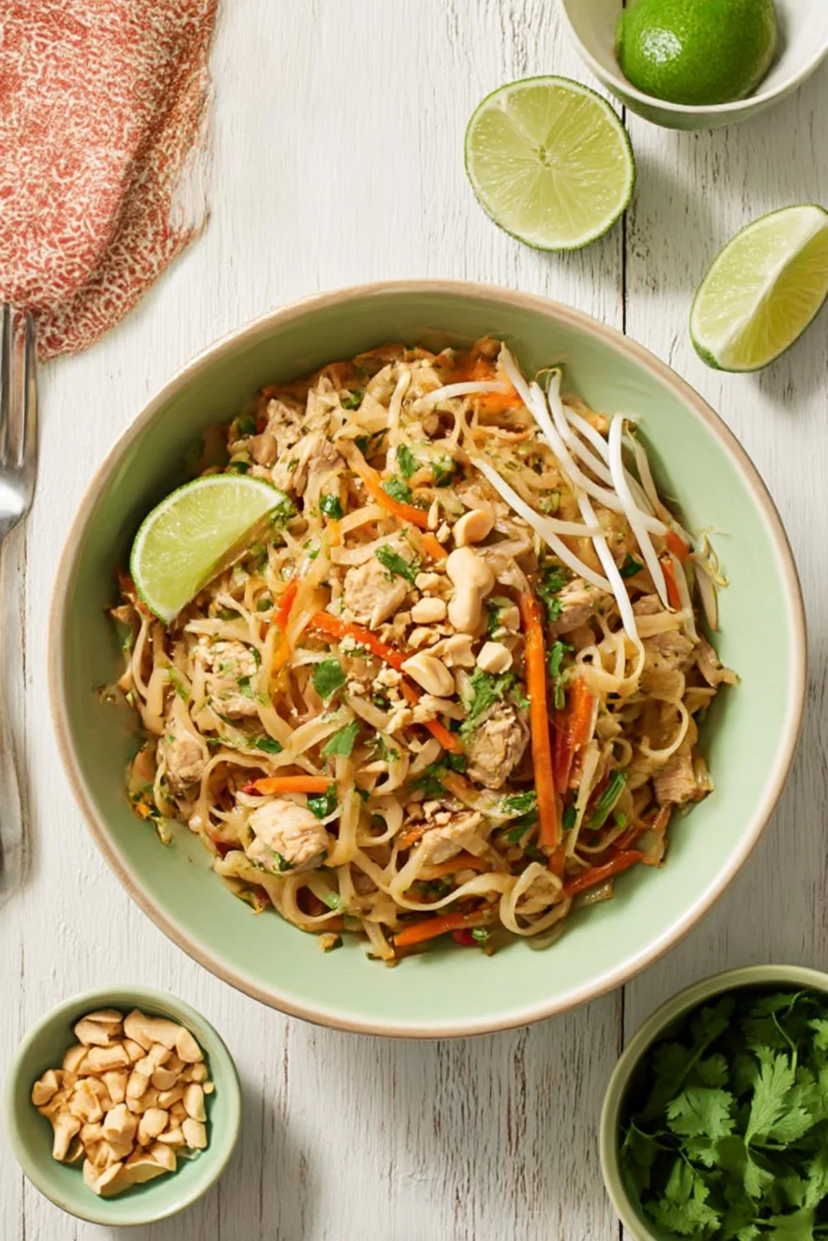 Delicious easy chicken pad thai dish served with lime and peanuts