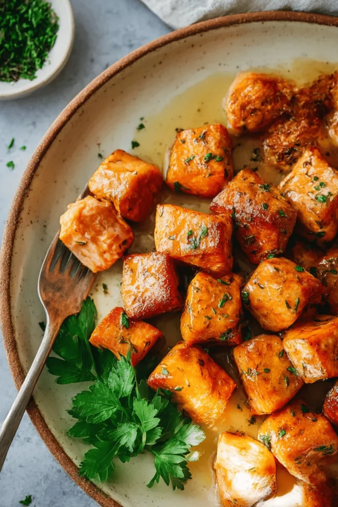 Delicious easy salmon bites served on a plate with lemon and herbs