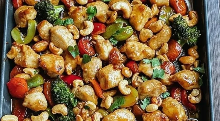 Easy sheet pan cashew chicken with colorful vegetables ready to serve.