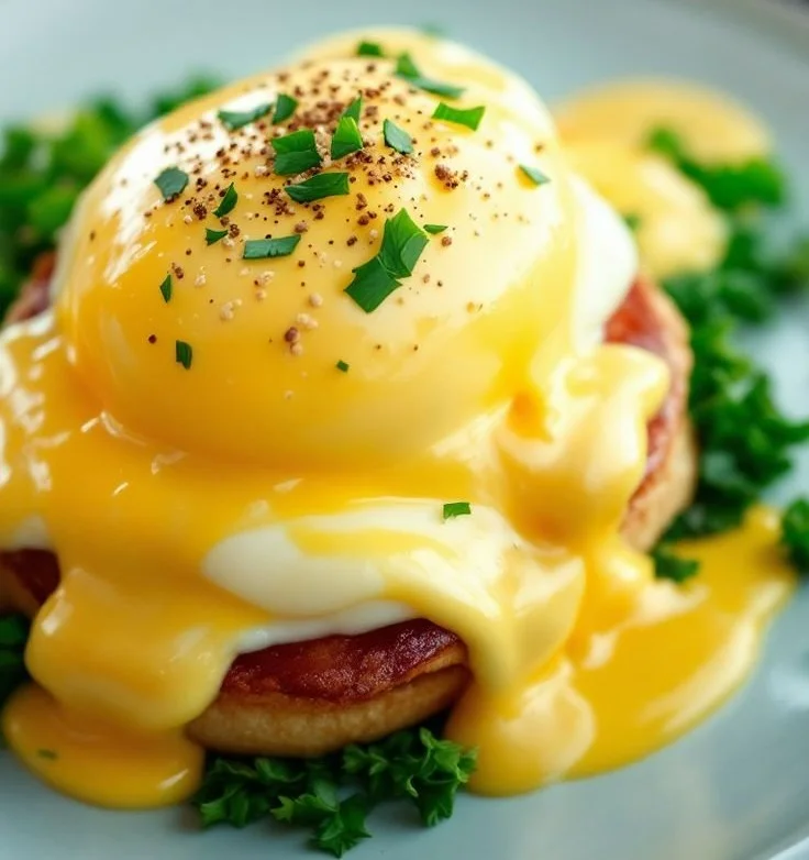 Classic Eggs Benedict with poached eggs, ham, and hollandaise sauce on English muffins