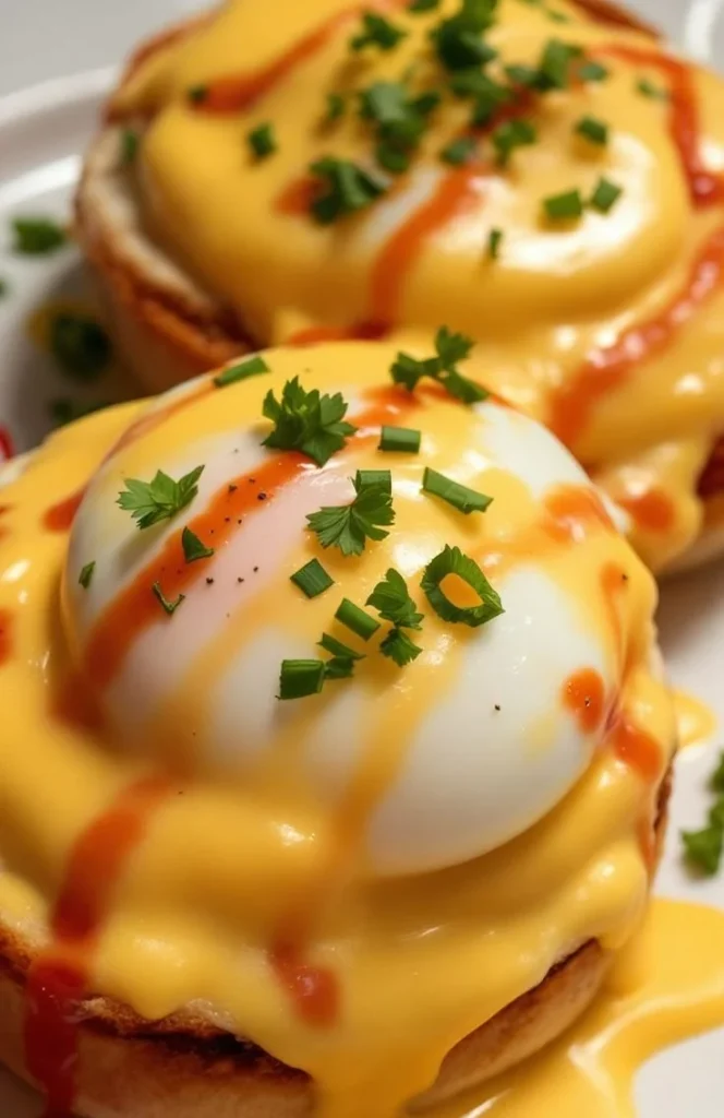 Delicious Eggs Benedict topped with hollandaise sauce and poached eggs