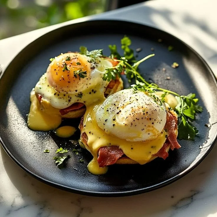 Plate of classic Eggs Benedict topped with poached eggs and hollandaise sauce.