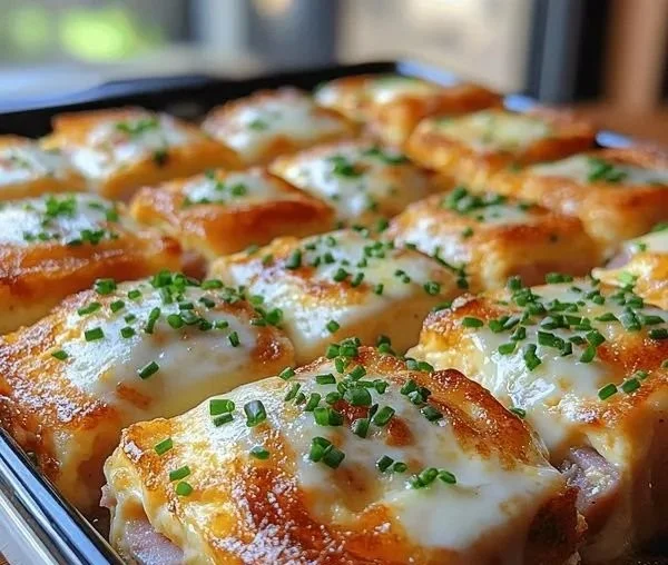 Delicious Eggs Benedict casserole topped with hollandaise sauce and chives
