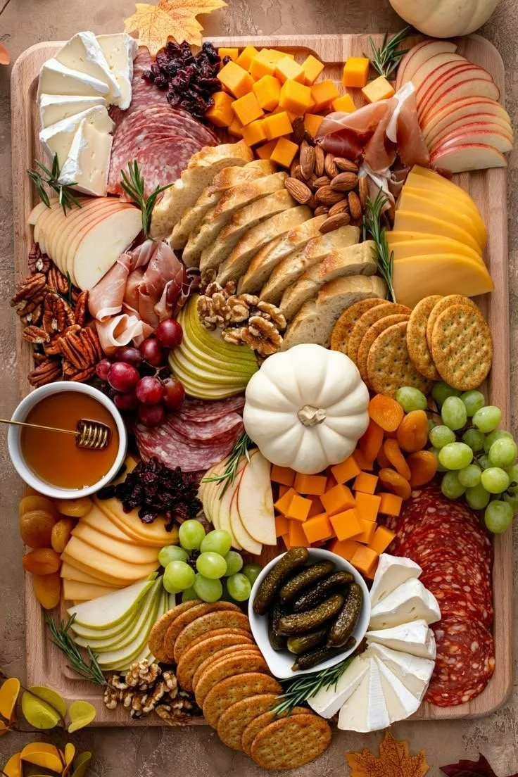 A beautifully arranged fall charcuterie board with seasonal cheeses and fruits.