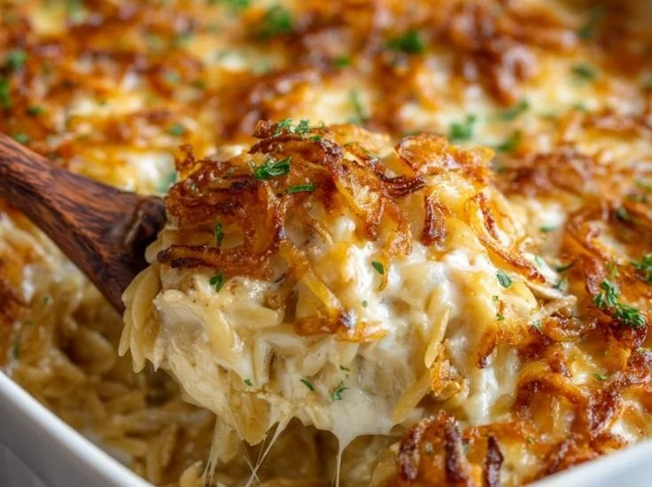 French Onion Chicken Orzo Casserole topped with melted cheese and herbs