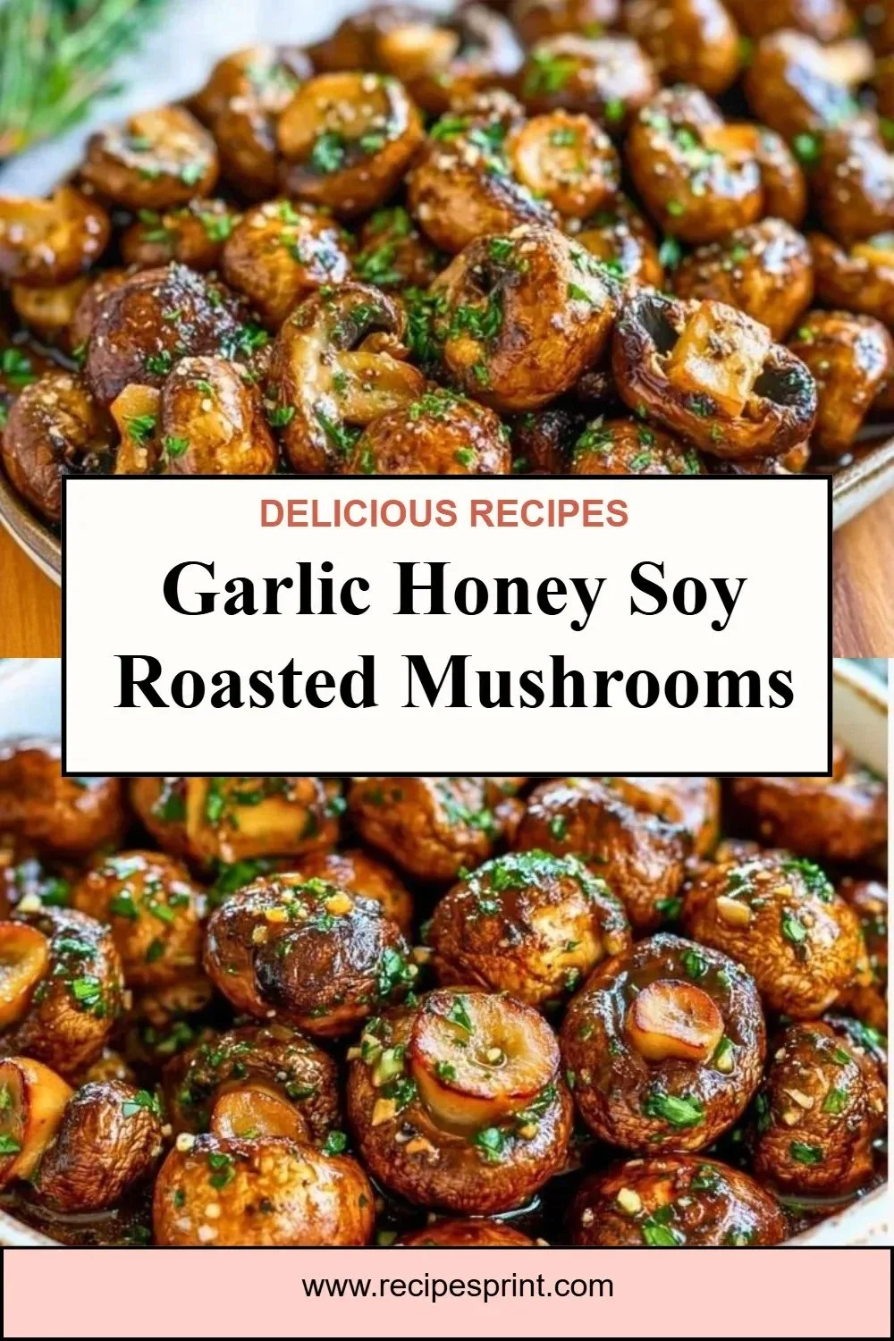 Garlic Honey Soy Roasted Mushrooms garnished and served on a platter