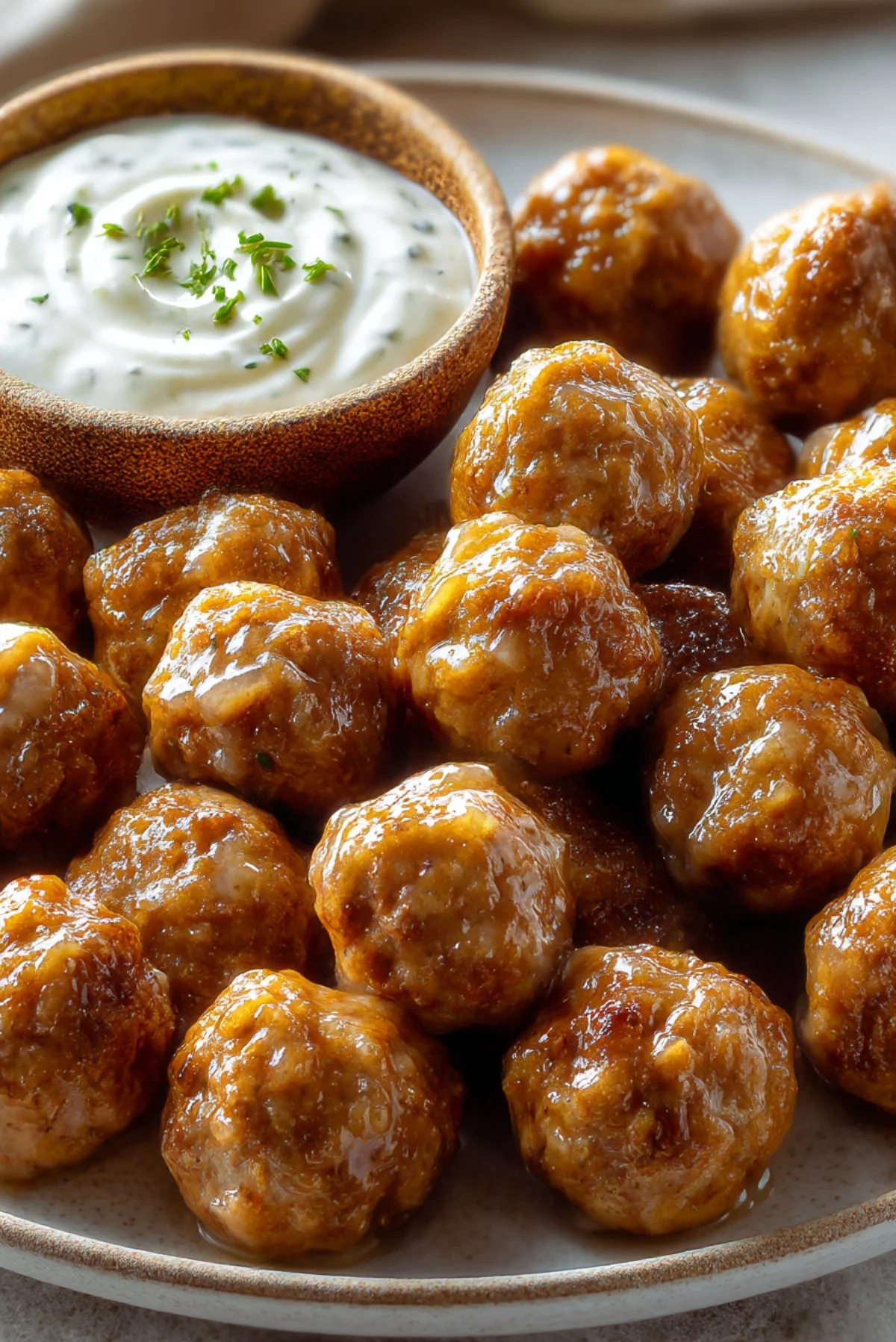 Delicious Greek meatballs served with tzatziki sauce and fresh herbs.