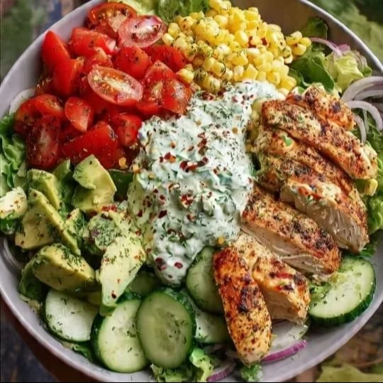 Grilled Chicken Power Salad with creamy herb yogurt and fresh avocado