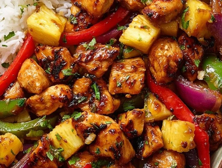 Hawaiian chicken sheet pan dinner with colorful vegetables and pineapple.