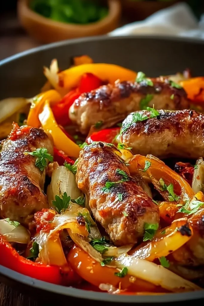 Plate of Italian sausage with sautéed peppers and onions